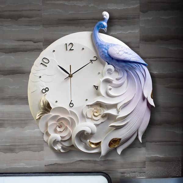 

wall clocks european elegant peacock resin ornament modern home diamond feather mute digital mural decoration crafts