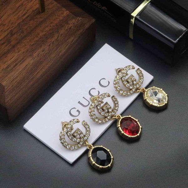 

family / gujia new brass double g letter diamond earrings for women, Golden