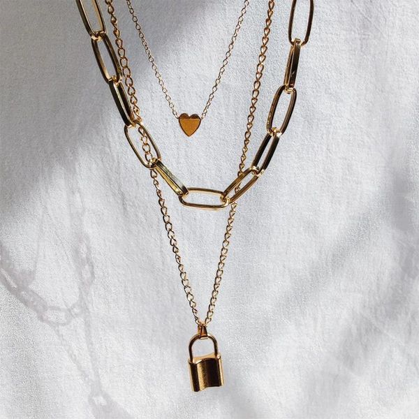 

chains 2021 fashion layered punk jewelry lock and key long simple cute heart 3 multilayer chain necklaces for women men teen girls, Silver