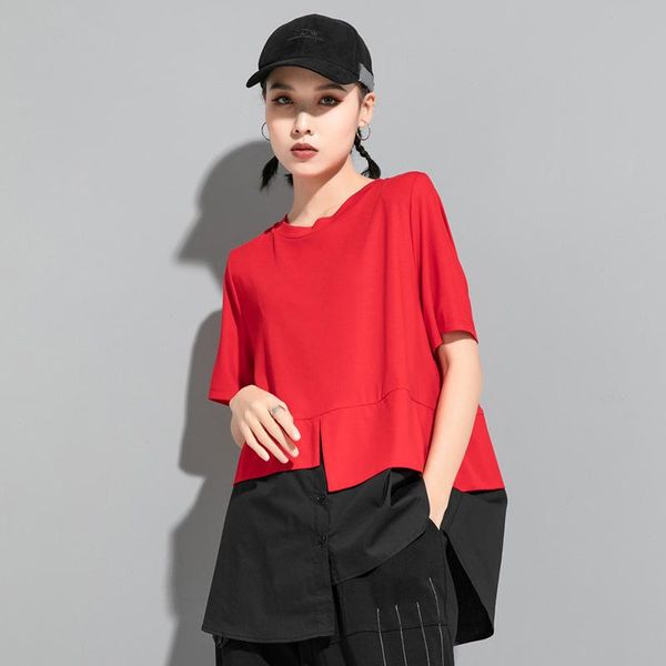 

women's t-shirt chic irregular fake two piece patchwork woman tshirts o neck short sleeve buttons design tee summer tide big size t shi, White