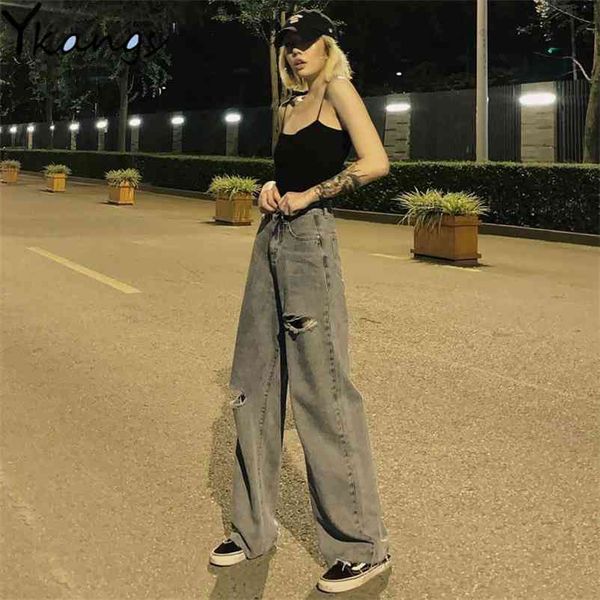 

vintage high waist ripped tassel full length mom jean plus size harajuku wide leg clothes trousers streetwear denim pants 210629, Blue