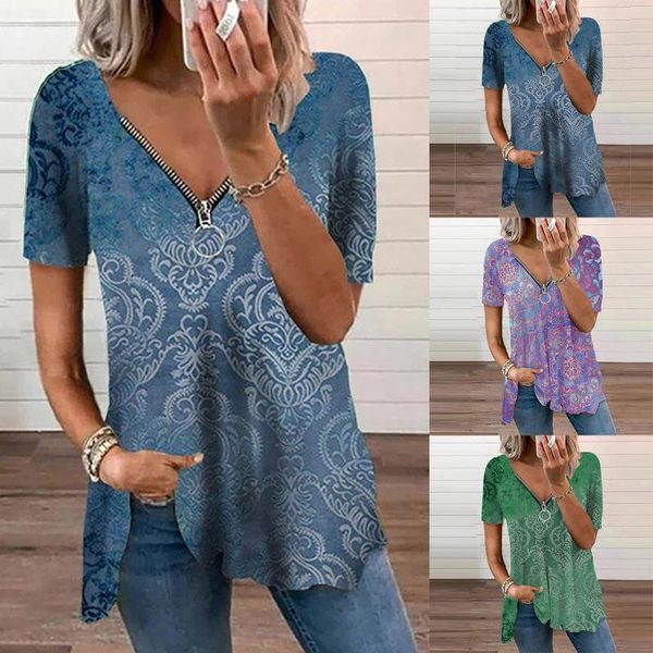 

women's t-shirt women fashion loose casual floral print short sleeve vintage printed zipper v neck plus size summer shirt tshirt, White