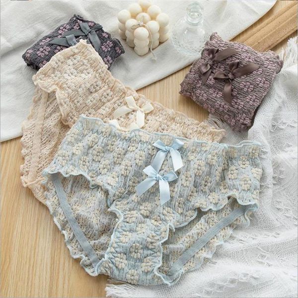 

women's panties cute girly underwear hollow floral underpants mixed colors with bowknot decorated triangle pants, Black;pink