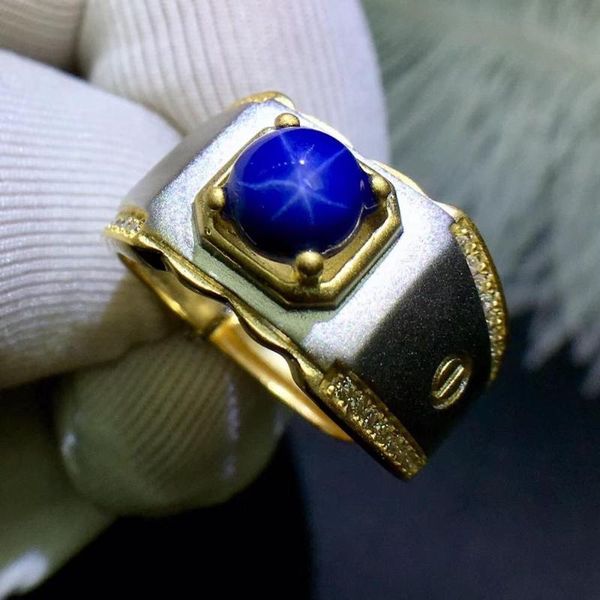 

cluster rings man ring wedding blue star sapphire 925 sterling silver fine handworked jewelry finger, Golden;silver