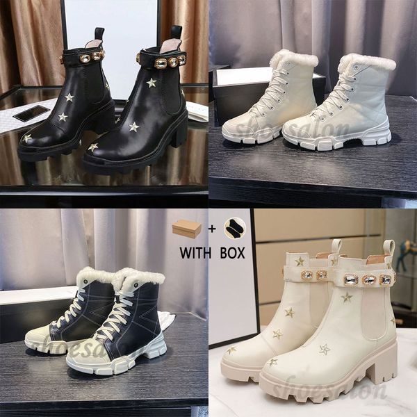 

2021 martin short boots fashion designer cowhide belt buckle metal women shoes classic bee thick heels leather heel high heeled diamond lady, Black