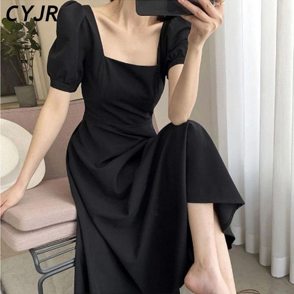 

casual dresses square collar black for women short sleeve elegant midi dress one piece korean office lady 2021 summer chic, Black;gray