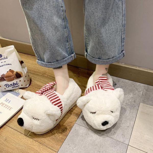 

womens home slippers indoor shoes winter warmth house flat slip on female animal dog bear plush fur slides cotton, Black