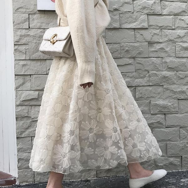 

harajuku kawaii elastic waist womens skirts floral jarquard sequins midi mesh black long skirt white korean fashion clothing