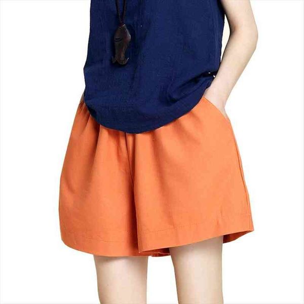 

summer cotton linen elastic waist women short plus size loose wide leg casual orange white black green female