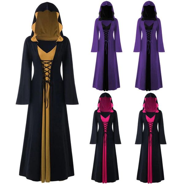 

theme costume halloween costumes for women plus size hooded lace up patchwork long sleeve witch cosplay party dress