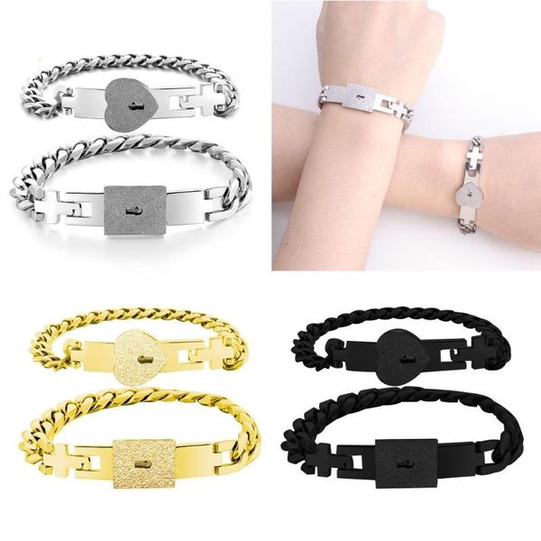 

fashion 2pcs silver color tone stainless steel lover heart love lock bracelet with key bangles kit couple jewelry gift charm bracelets, Golden;silver