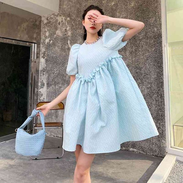 

casual dresses blue puff sleeve ball gown summer short ruched loose women korean fashion clothing ygeb, Black;gray