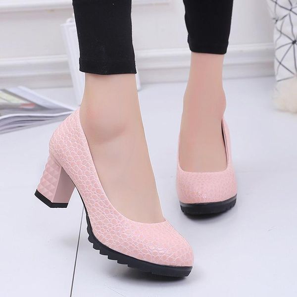

dress shoes nice elegant thick high heels pumps women fashion solid color pu leather wedding woman shallow mouth female, Black