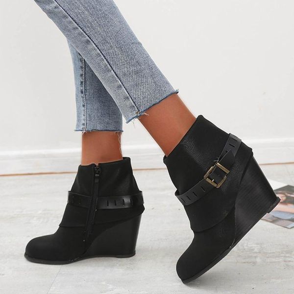 

boots women's shoes fashion belt buckle wedge heel side zipper solid color short stylish vintage simple for women 2021, Black