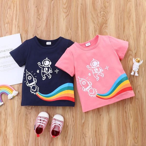 

t-shirts kids clothes children cartoon rainbow rocket short sleeve t-shirt cotton casual boys girls 0-6y, Blue