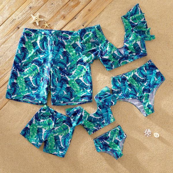 

patpat 2021 summer leaf print ruffled sleeves family matching swimsuits outfits, Blue