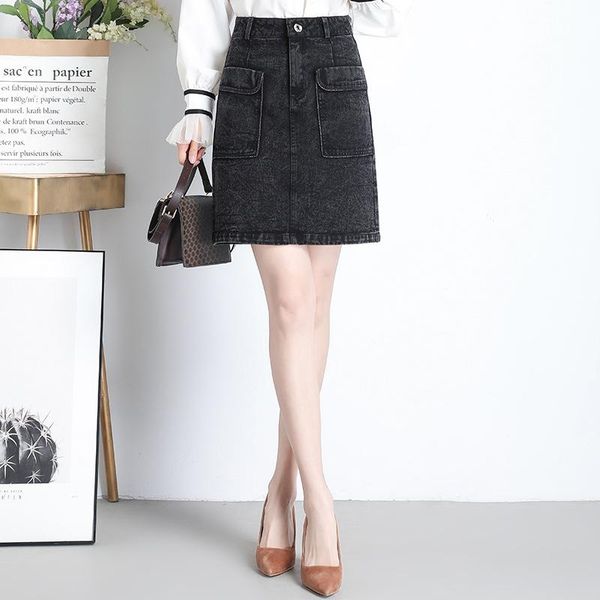 

skirts denim skirt women mini 2021 summer woman black basic pocket jeans femme high waist casual a-line