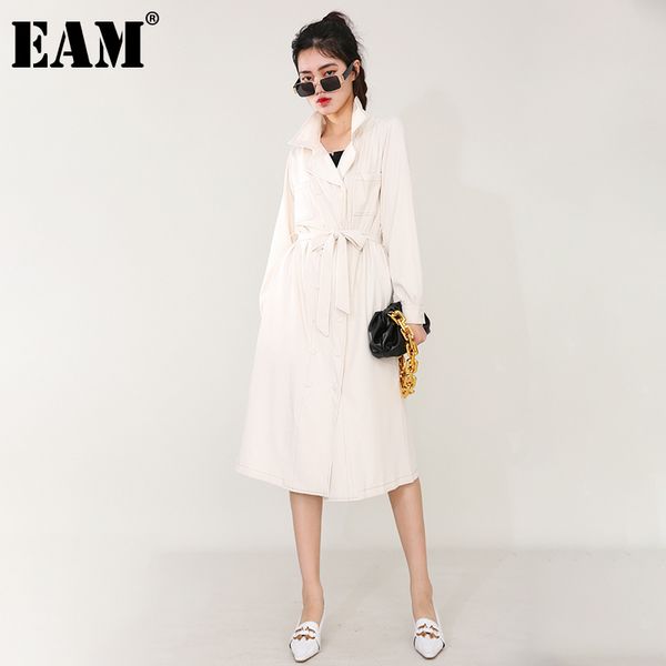 

[eam] women beige belt double breasted long trench lapel long sleeve loose windbreaker fashion spring autumn 1dd076212 21512, Tan;black