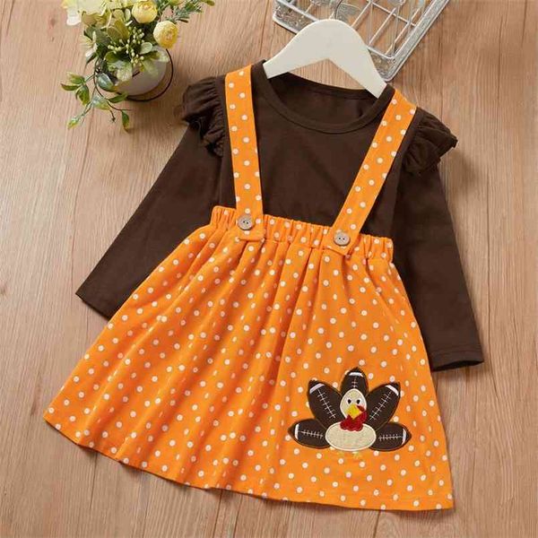 2 peças Bebê / Criança Thanksgiving Solid Tee e Dots Strap Skirt Set para Kids Girl Roupas Vestidos 210528