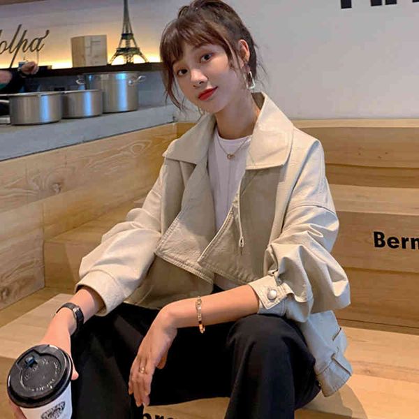 

autumn winter elegant women loose pu leather jackets batwing sleeve casual vintage street motor biker coats 210423, Black