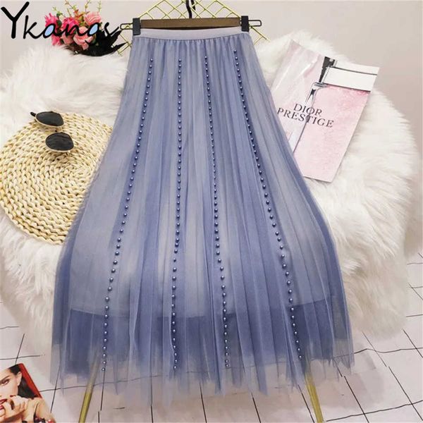

mesh pearl beading pleated skirtwomen tulle skirts y2k summer fashion female long skirts elegant lace high waist solid faldas 210619, Black