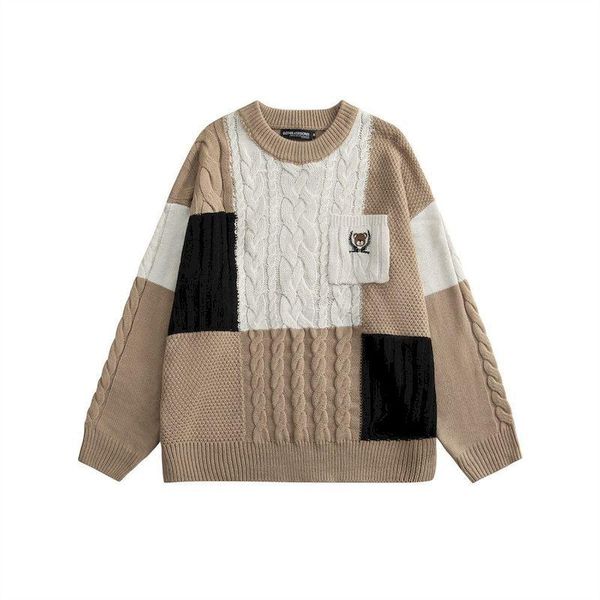 

women's sweaters 2021 men knitted sweater hip hop streetwear color block patchwork embroidery bear pullover harajuku casual autumn pock, White;black