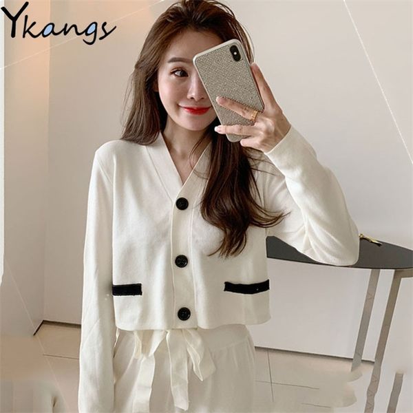 

autumn winter elegant 2 piece set women korean single-breasted cardigans knitted sweater + high waist wide leg pants sweat suit 210421, White