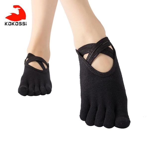 

kokossi 1 pair yoga socks cross straps pvc anti-skid particles professional floor sports dance pilates fitness sockings woman, Black