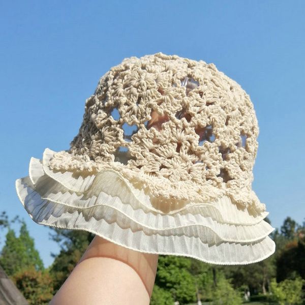 

retro hand woven thin headgear women cut out lace hat cotton flounce fisherman, Blue;gray