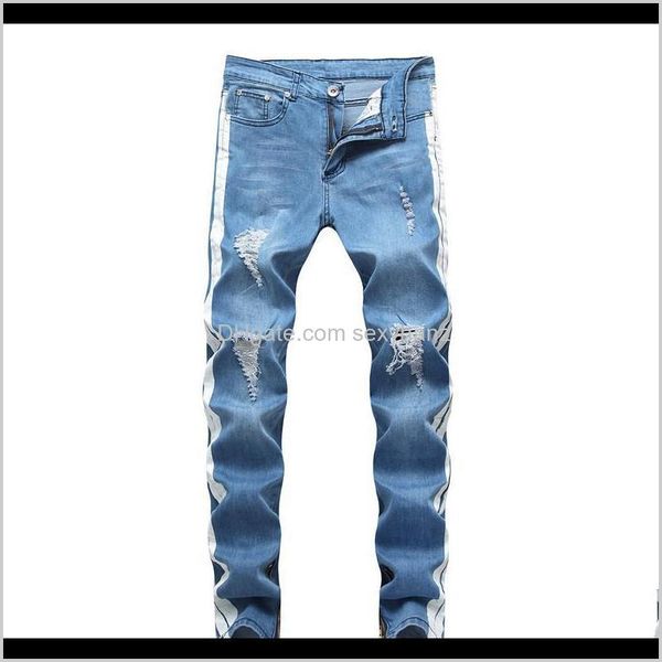 Roupas vestuário entrega entrega 2021 branco listra no lado alta rua jeans homens moda mens denim calça algodão preto azul e598u