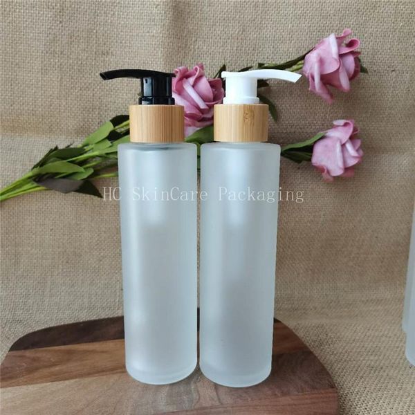 

storage bottles & jars wholesale empty 150ml white/black bamboo cap lid lotion pump glass luxury cosmetic container packaging