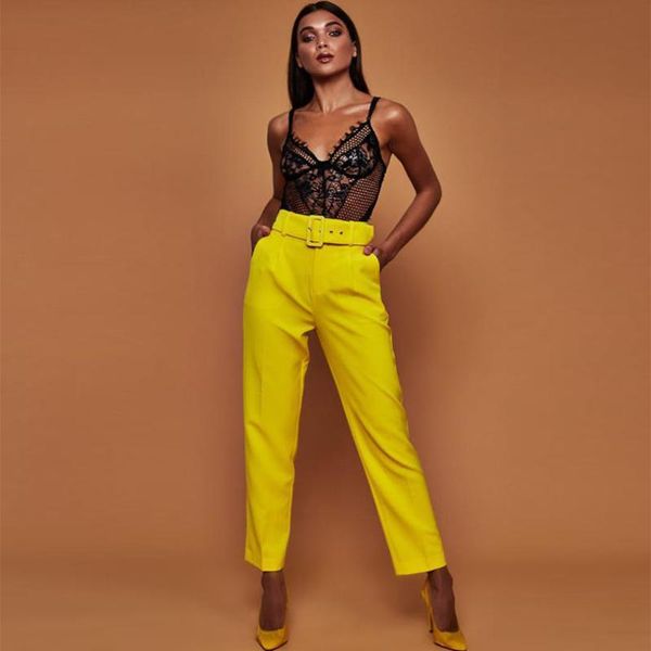 

women's pants & capris 2021 formal ol women high waist belt suit candy color femme pantalones work wear trouser straight leg slacks, Black;white