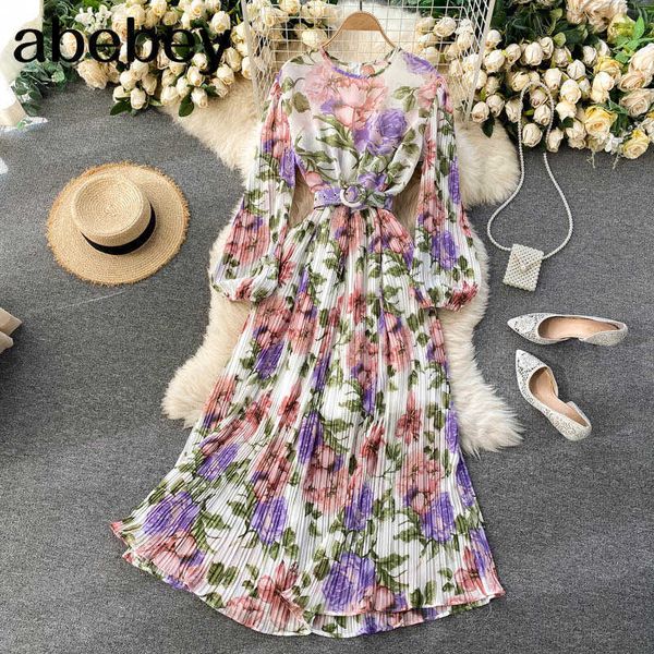 

vintage spring floral print pleated dress maxi long chiffon bandage dress summer party women beach holiday tunic dress 210715, Black;gray