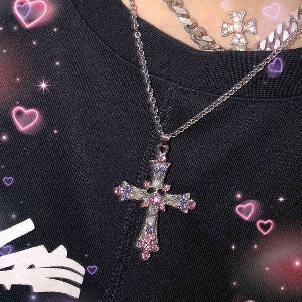 

gothic style pink color zircon cross necklace pendant for woman temperament jewelry, Silver