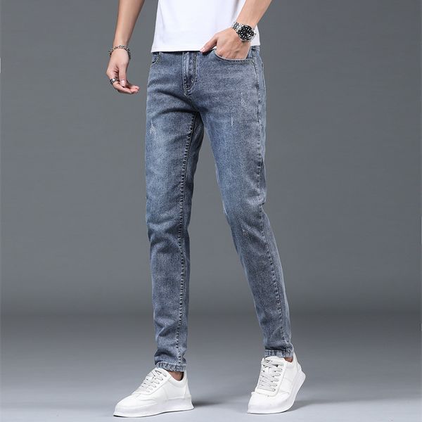 

light color jeans in spring and summer, brand, slim fit, korean fashion leggings, men's elastic leisure pants with holes, Blue
