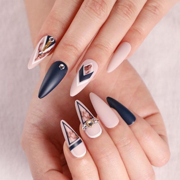 

false nails 24pcs khaki dye matte frosted fake stiletto dark blue color pointed head long style wearable abs resin finished fingernail, Red;gold