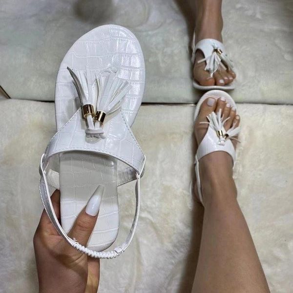 

sandals female sandal 2021 women's low-heeled shoes with strap tassel flip flops platform large size girls beige fringe s, Black