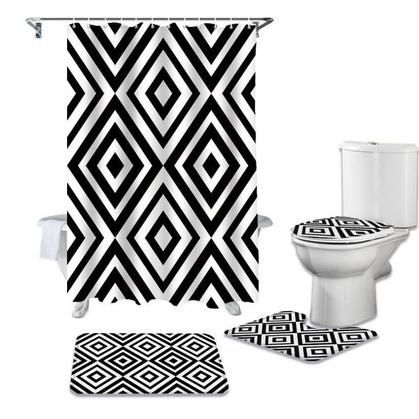 

abstract geometric white black bathroom set durable fabric waterproof shower curtain rug carpet toilet lid cover bath mat curtains