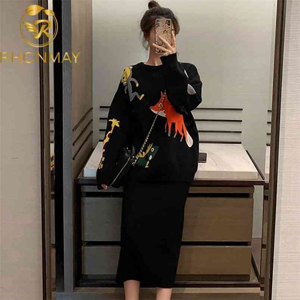 

women's fashion animal patterns sweaters knitting package skirts 2 piece set female dresses knitted suit 210506, White