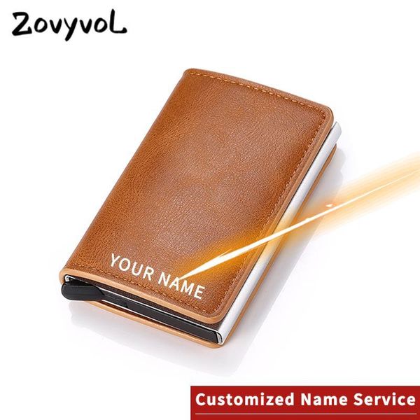 

card holders zovyvol laser lettering wallet 2021 aluminum alloy rfid anti-theft pu leather men's holder bank, Brown;gray