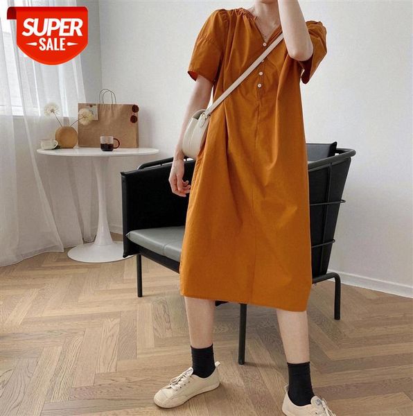 

zhi chenxi retro temperament v-neck puff sleeve solid color long loose dress women 705 #go5a, Black;gray