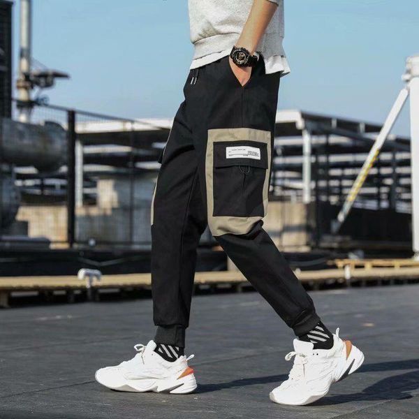 

men's pants men corduroy patchwork pockets cargo 2021 harem joggers harajuku sweatpants hip hop streetwear trousers, Black