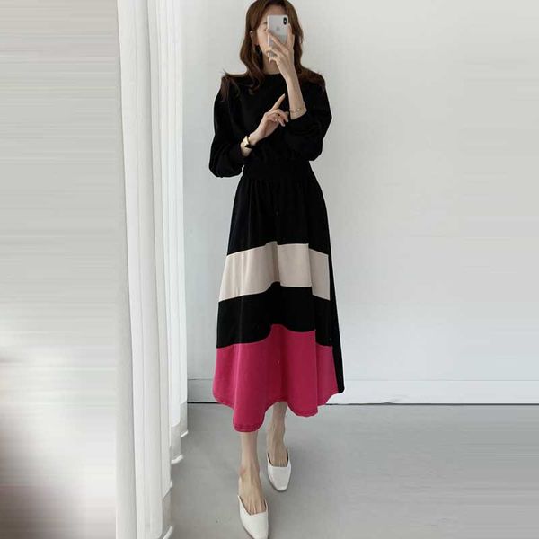 

one-piece korean dress women color matching sweater knitted dresses 2021 autumn winter long sleeve hedging vintage dress female, Black;gray
