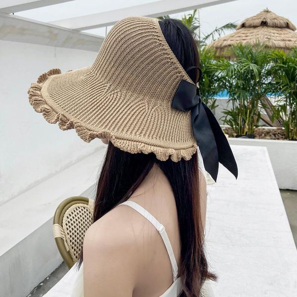 

wide brim hats 2021 fashion female visor cap women's romantic bowknot ruffled sun-resistant bucket hat fisherman caps for summer, Blue;gray