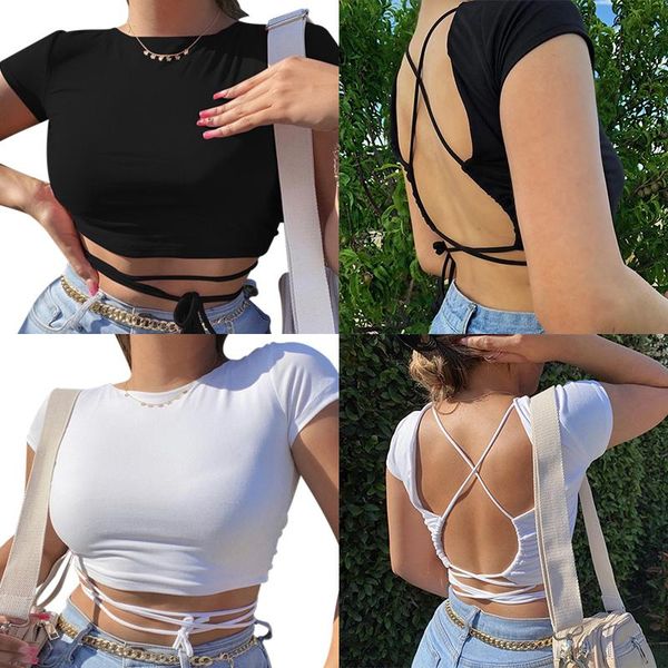 

women's t-shirt ly 2021 hollow thin short-sleeved women sexys halter straps for summer dod886, White