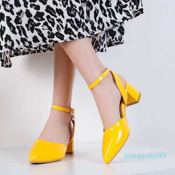 

new 2021 ladies summer pumps sandals for women chunky mid heel pointed toe back strap heels patent leather yellow dress shoes, Black