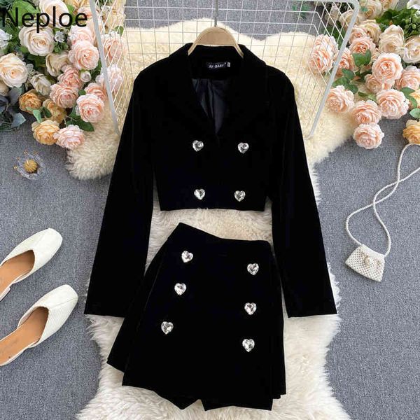 

neploe temperament black suit two piece outfits women elegant coat double-breasted slim short pants ropa mujer 2 piece set 210422, White