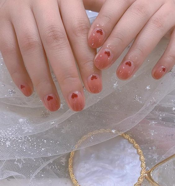 

false nails fake short round pink gradient love nail stickers finished 24 with glue fa, Red;gold