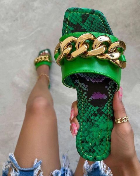 

slippers 2021 plus size one-shaped square toe female color snake print flat bottom metal chain leather be, Black