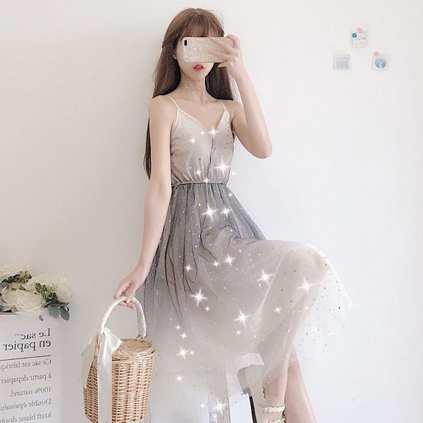 

casual dresses summer 2021 japanese tens girls gradient color sling mesh dress + lace cardigan fashion temperament two-piece suit, Black;gray